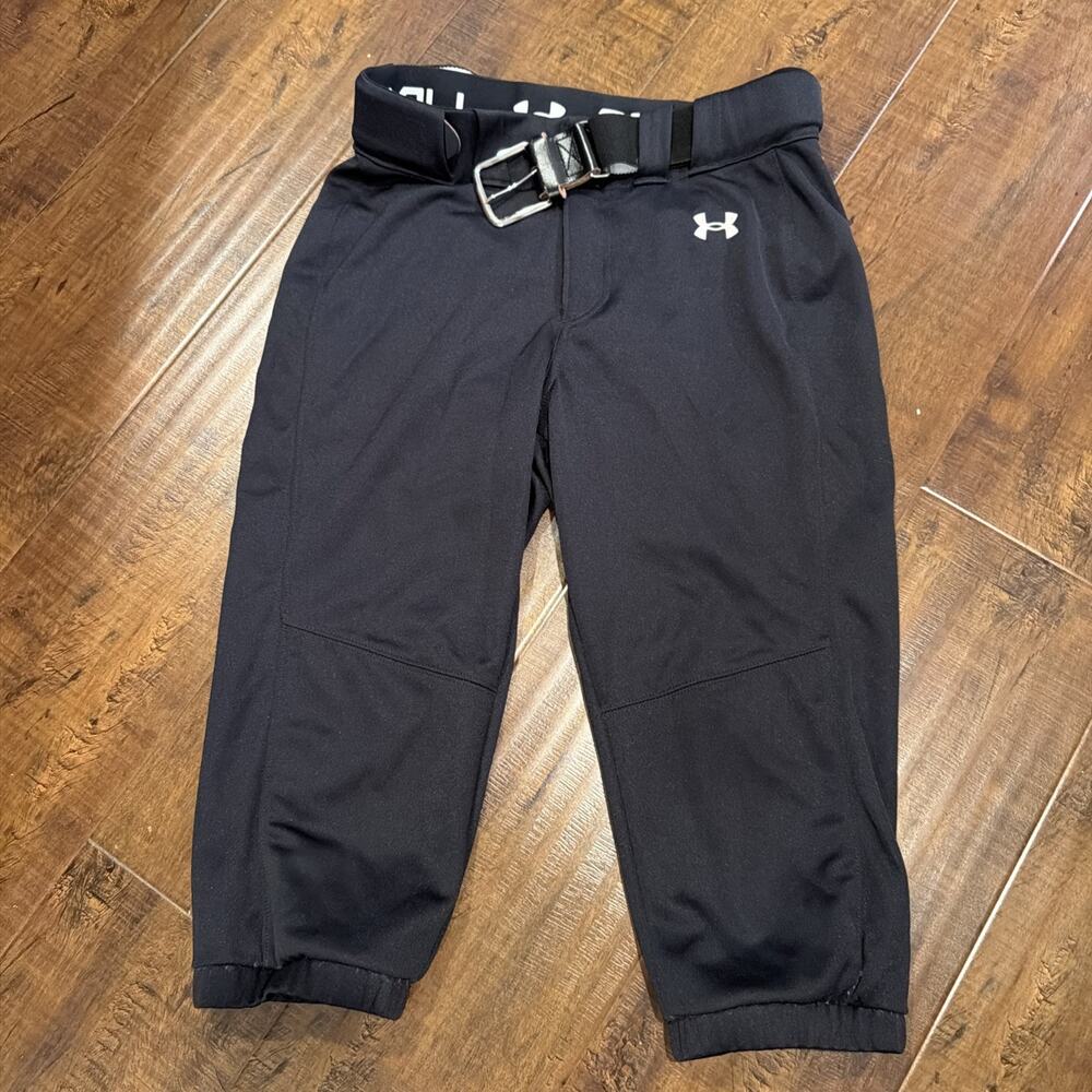 Under Armour Softball Pants Womens Small Black Utility Cropped Stretch W/belt